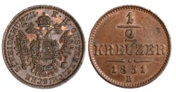 AUSTRIA - FRANCESCO GIUSEPPE (1848-1916), 1/2 Kreuzer 1851, Kremnitz