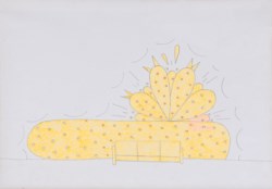 Fluo orange wallpainting and couch