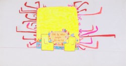 Art by older people (70 + 72) (Wallpainting and two fluo yellow chairs)