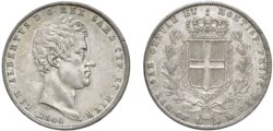 CARLO ALBERTO (1831-1849) - 5 lire 1844, Torino