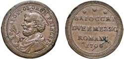PIO VI, Giovanni Angelo Braschi, (1775-1799) - Sampietrino da 2 e 1/2 Baiocchi 1796, Roma