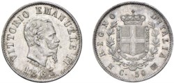 VITTORIO EMANUELE II (1861-1878) - 50 centesimi 1863, Milano