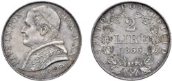 PAPALI - PIO IX, Giovanni Maria Mastai-Ferretti (1815-1847) - 2 lire 1866, an. XXI, I tipo, Roma