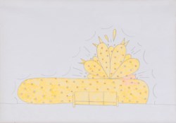 Fluo orange wallpainting and couch