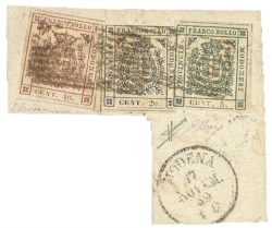 Antichi Stati Italiani - Modena - Frammento con affrancatura tricolore (12 + 15 + 17c)
