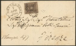 Antichi Stati Italiani - Toscana - 1860 - Muto a rombi di Montevarchi con cerchio grande a lato dell'affrancatura di 10 cent bruno (Sassone 19) su lettera del 7 aprile 1860 diretta a Firenze