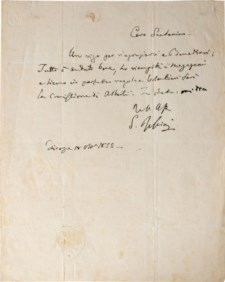 ROSSINI GIOACHINO (1792 -1868) Lettera con testo e firma autografa indirizzata a Gaetano Fabi, suo amico e incaricato d'affari in Bologna