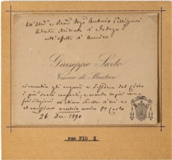 SAN PIO X GIUSEPPE SARTO VESCOVO DI MANTOVA - Biglietto da visita, con lunga dedica all'amico abate di Sonego