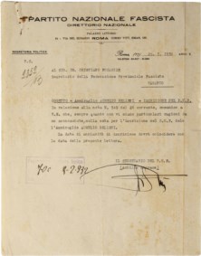 STARACE ACHILLE - Lettera dattiloscritta su carta  intestata P.N.F indirizzata al Segretario della Federazione Provinciale Fascista di Taranto, firmata di pugno dal segretario del partito