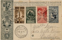 CARTOLINA TORINO - ESPOSIZIONE INTERNAZIONALE D'INDUSTRIA, NEL CINQUANTESIMO ANNIVERSARIO DELL'UNITÀ D'ITALIA