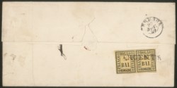 Antichi Stati Italiani - Romagne - Lettera per Ferrara affrancata al verso con una coppia del 1/2 baj giallo paglia (1)