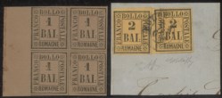 Antichi Stati Italiani - Romagne - Quartina nuova 1 baj + frammento con due esemplari 2 baj annullo a cerchio