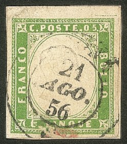Antichi Stati Italiani - Sardegna - 5 cent verde giallo (13a)