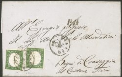 Antichi Stati Italiani - Sardegna - Lettera in raggio limitrofo con due esemplari 5 cent verde