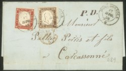 Antichi Stati Italiani - Sardegna - Lettera con 10 cent terra d'ombra + 40 cent rosso scarlatto