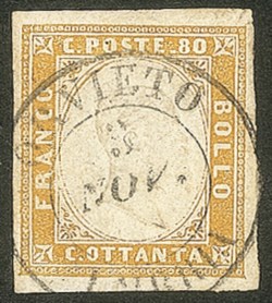 Antichi Stati Italiani - Sardegna - 1860 - Effige 80 cent giallo arancio chiaro (17B)