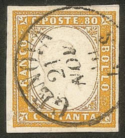 Antichi Stati Italiani - Sardegna - 1859 - 80 cent giallo arancio (17C)