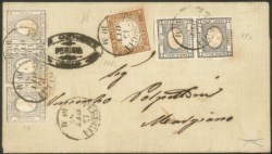 Antichi Stati Italiani - Sardegna - Lettera con 10 cent + coppia e striscia di tre del 1 cent grigio  (14E + 19 + 19e)