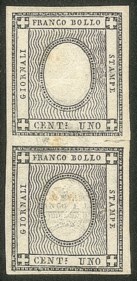 Antichi Stati Italiani - Sardegna - Coppia verticale del 1 cent grigio con errore di cifra 2 con ulteriore terza cifra a cavallo della coppia (19faI)