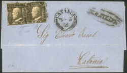Antichi Stati Italiani - Sicilia - Lettera con coppia 1 gr. verde oliva scuro (5b)