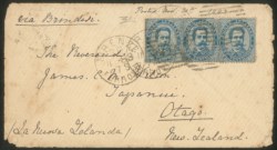Regno - Umberto I - Bustina affrancata con tre esemplari del 25 cent azzurro Floreale (40)