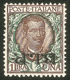 Regno - Vittorio Emanuele III - 1922 - B.L.P. - 1 lira bruno e verde soprastampa tipografica del II tipo capovolta (13b)