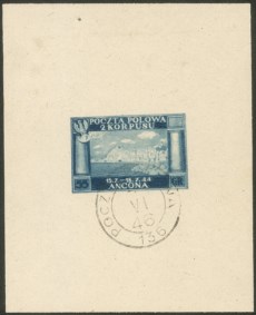 Corpo Polacco - 1946 - Foglietto 55 g. Vittorie Polacche in Italia su carta grigia leggera annullato Poczta Polowa 4.IV.46 (BF2A)
