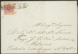 Antichi Stati Italiani - Lombardo Veneto - Esemplare con inizio di Croce di S. Andrea a sinistra - 15 cent rosso