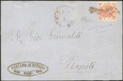 Antichi Stati Italiani - Napoli - Bari annullo a svolazzo in rosso + bollo circolare a date in rosso