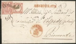 Antichi Stati Italiani - Napoli - Province Napoletane - Assicurata affrancata con 10 grana carminio vivo II tavola di Napoli (11b) + 5 grana rosso carminio delle Province Napoletane (21)