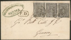 Antichi Stati Italiani - Parma - Lettera per il Regno di Sardegna in tariffa di primo porto pagato a destino con striscia orizzontale di tre 10 cent nero (2)