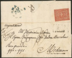 Antichi Stati Italiani - Parma - Lettera per il Ducato di Modena di primo porto per la prima distanza affrancata al verso con 15 cent vermiglio (7)
