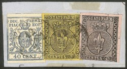 Antichi Stati Italiani - Parma - Piccolo frammento in affrancatura mista prima emissione 5 cent giallo + 15 cent rosa + terza emissione 40 cent azzurro con zero largo (1 + 3 + 11)