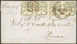 Antichi Stati Italiani - Parma - Governo Provvisorio - Lettera affrancata con striscia di quattro del 5 cent verde azzurro (12)
