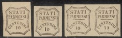 Antichi Stati Italiani - Parma - Governo Provvisorio - 1859 - Lotto formato da due esemplari più una coppia e una striscia orizzontale di cinque del 10 cent bruno (14)
