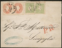 Antichi Stati Italiani - Lombardo Veneto - Lettera affrancata con coppia 5 soldi + due esemplari 3 soldi verde (33 + 35)