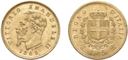 VITTORIO EMANUELE II, Re d'Italia (1861-1878) - 5 lire 1865, Torino.