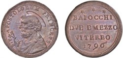 PIO VI, Giovanni Angelo Braschi (1775-1799) - 2 baiocchi e mezzo, 1796, Viterbo.