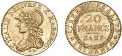 TORINO - REPUBBLICA SUBALPINA (1800-1802) - 20 franchi, an. 9.