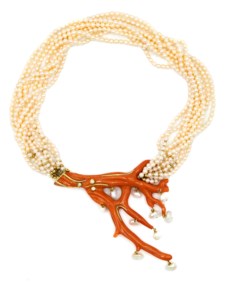 Collana in oro giallo 18kt, perle e corallo