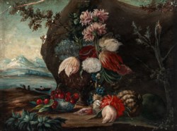 Scuola del secolo XVII - Natura morta con fiori e paesaggio lacustre