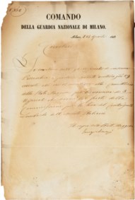Circolare Risorgimento - Comando Guardia Nazionale Milano 27 aprile 1848 - Convocazione nomina di 3 ufficiali per le Commissioni leva del contingente lombardo dell'esercito italiano.
