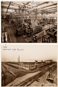 Due fotografie d'epoca che riprendono l'interno e l'esterno dello Stabilimento Isotta Fraschini di Milano nel 1926