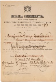 Reggimento Savoia Cavalleria - Autorizzazione a fregiarsi della medaglia commemorativa per la partecipazione alla Campagna di Guerra del 1870, preda ed Occupazione di Roma dopo l'entrata a Porta Pia