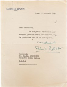 Palmiro Togliatti - Lettera personale dattiloscritta con saluti e firma autografa, indirizzata all'onorevole Giulio Andreotti
