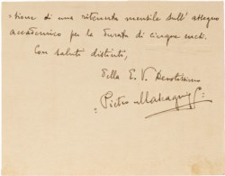 Pietro Mascagni - Bel biglietto intestato Reale Accademia d'Italia totalmente autografo con firma di pugno del maestro