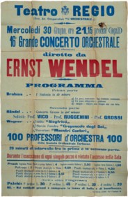 Manifesto del Teatro regio di Torino del concerto eseguito da 100 orchestrali della Società Orchestrale Torinese e dai solisti professori  Vico, Ruggenini e Grossi