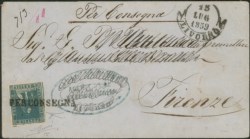 Antichi Stati Italiani - Toscana - Governo Provvisorio - Livorno Per Consegna (stampatello diritto P.ti R3) su 6 crazie azzurro vivo (15a)