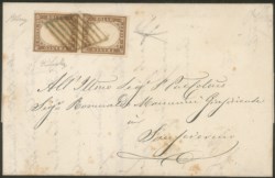 Antichi Stati Italiani - Stato pontificio - Lettera da Fabriano con coppia verticale del 10 cent. bruno tenue (Sass. 14Ch)