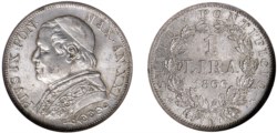 PIO IX, Giovanni Maria Mastai-Ferretti (1846-1870) - Lira 1866, an. XXI, III tipo, Roma.